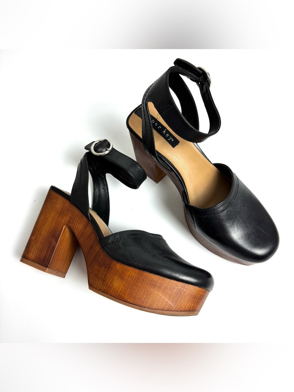 Copper Key Passport Black Leather Ankle Strap Platform Wooden Heel Clogs Sz 7.5M